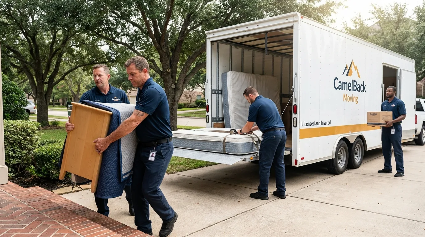 Crew loading residential truck for cross-state move from Vega, TX