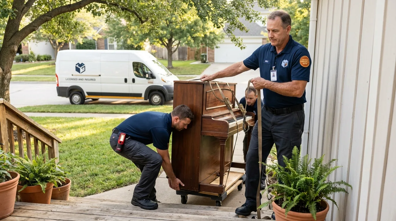 Licensed piano movers securing grand piano in Vega, TX