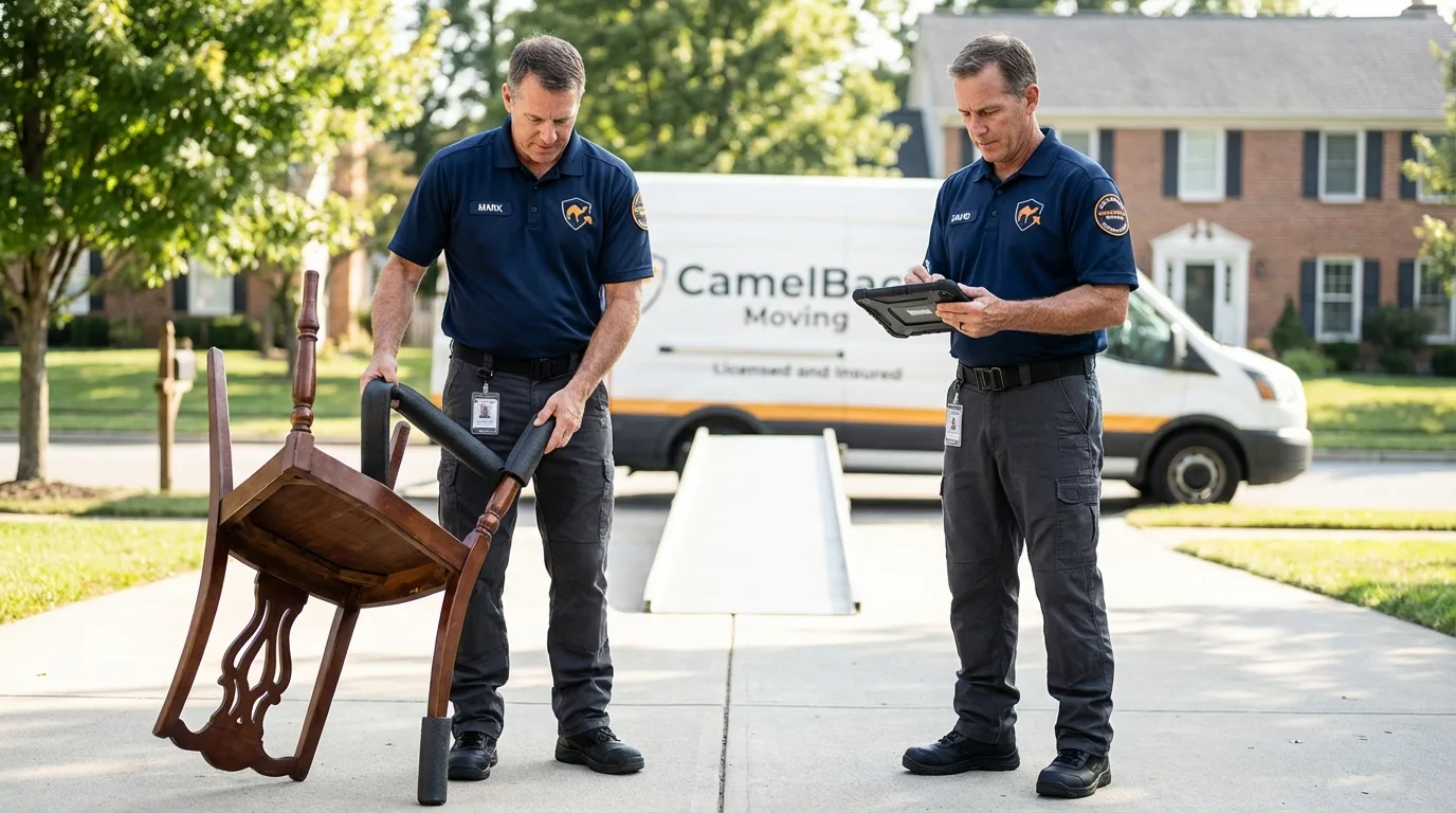 Movers inspecting furniture for damage prevention before loading in Vega, TX