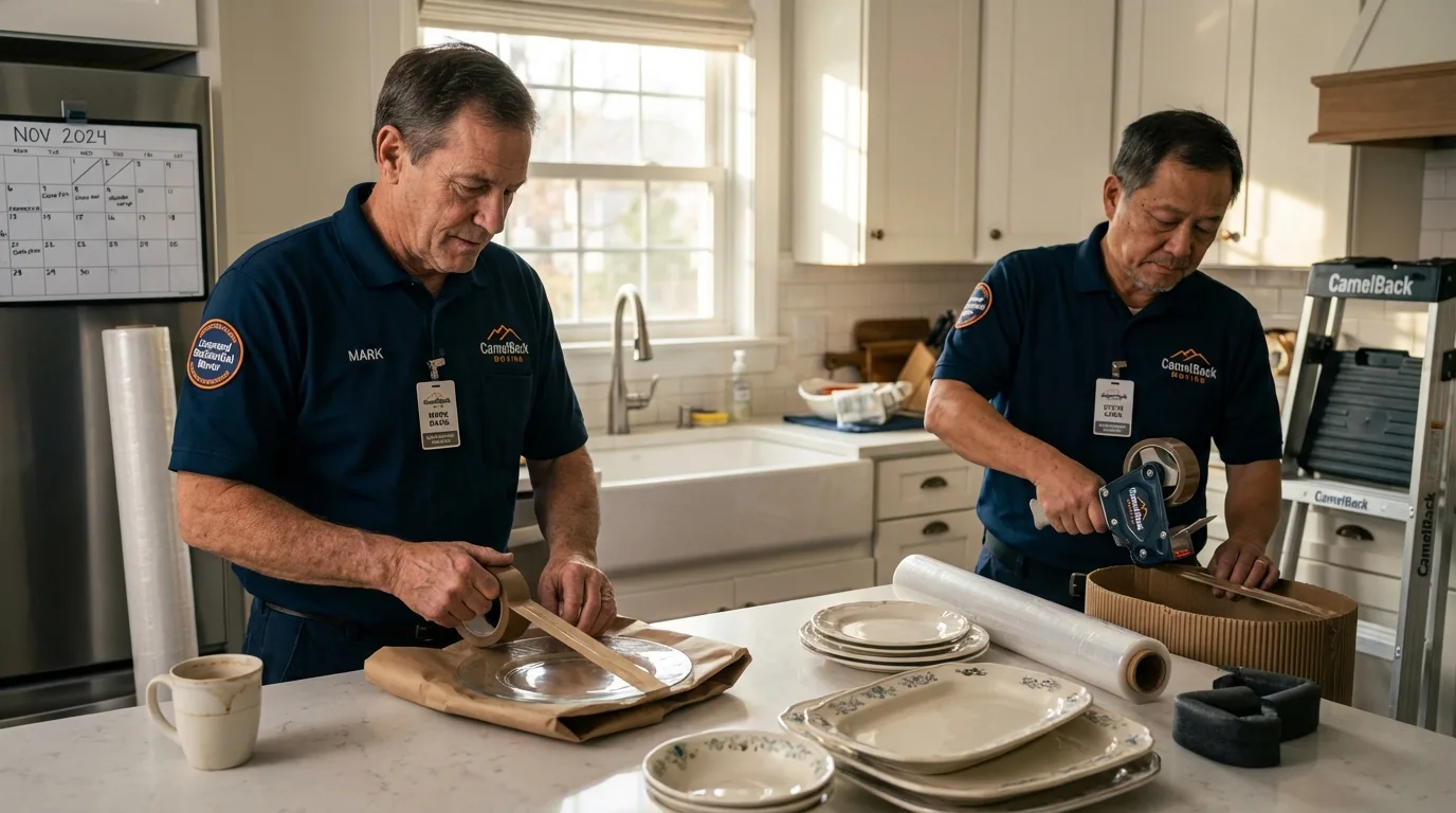 Professional crew packing kitchen dishware in Vega, TX